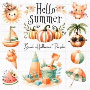 Beach Halloween Pumpkin Clipart: Tropical Coastal Art (PNG Digital Download) image 3
