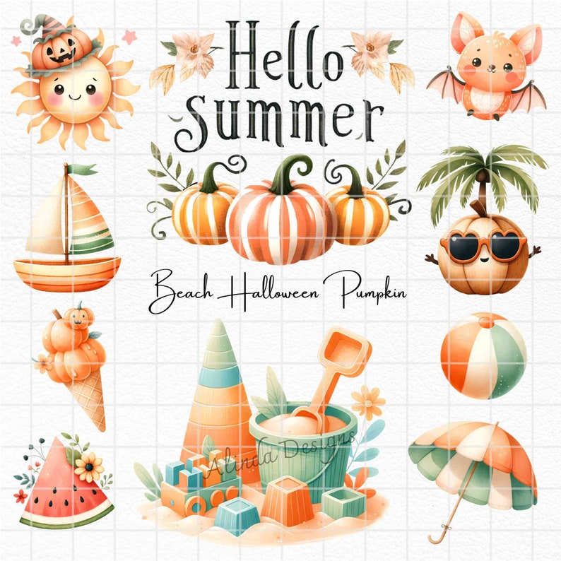 Beach Halloween Pumpkin Clipart: Tropical Coastal Art (PNG Digital Download) image 3