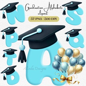 Clipart alphabet de remise des diplômes, lettres bleues et or avec casquettes de remise des diplômes, invitations, décoration de fête, cliparts chiffres, remise des diplômes de la maternelle