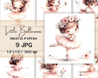 May include: Digital paper set featuring watercolor illustrations of little ballerinas. Each ballerina is depicted in a pink tutu and floral crown. The set includes 9 JPG files, each 13" x 13" at 300 dpi. The text "Little Ballerinas" is displayed.