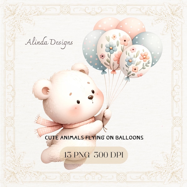 Cute Animal Balloon Clipart, Cute Flying Critters, Nursery Decor Art, Kids Party Invitations DIY, Scrapbooking, Cute clipart, Cute  Animals