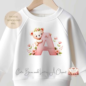 Clipart de oso adorable y letra A, arte del alfabeto de oso adorable, decoración de guardería, manualidades imprimibles para niños, para proyectos de bricolaje, atuendo para recién nacido imprimible
