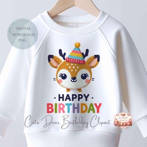 Cute Deer Birthday Clipart, Woodland Animal Happy Birthday PNG, Party invitations, Nursery decor, kawaii deer design, Forest Animal clipart