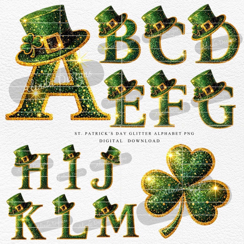 St. Patrick’s Day Glitter Alphabet PNG, Green Gold Shamrock Letters ...