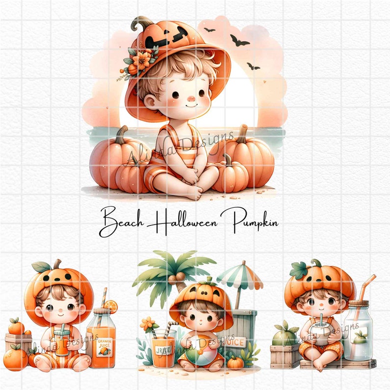 Beach Halloween Pumpkin Clipart: Tropical Coastal Art (PNG Digital Download) image 6