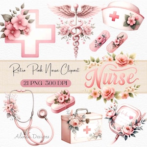 Retro rosa sjuksköterskeclipart: Vintage medicinsk grafik (digital nedladdning)