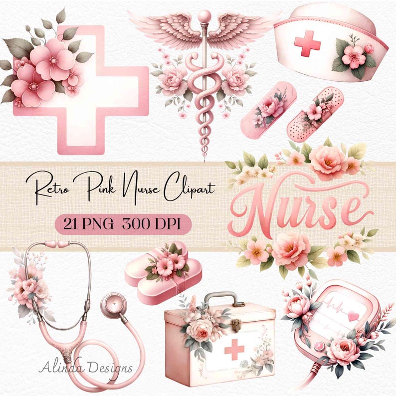 Retro Pink Nurse Clipart, Floral Nurse Clipart PNG, Pink Medical Nurse Bundle, Stethoscope, Nurse Cap, Medical Cross, Healthcare Digital Download, Nurse appreciation gifts, T-shirts & sublimation designs, Stickers & scrapbooking