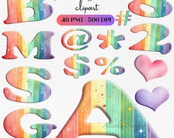 Rainbow Alphabet Clipart PNG, Colorful Letters & Symbols for Kids Crafts