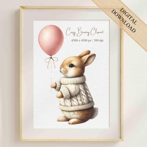 Gemütliches Häschen Clipart, süßes Kaninchen mit Ballon PNG, Waldtier Illustration, Babypartyeinladungen, Grußkarten, für Kinderzimmerdekor