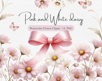 Charming Pink and White Daisy Clipart, Watercolor Floral Designs for Wedding Invites, Baby Shower Decor, and Crafts, Floral Illustrations