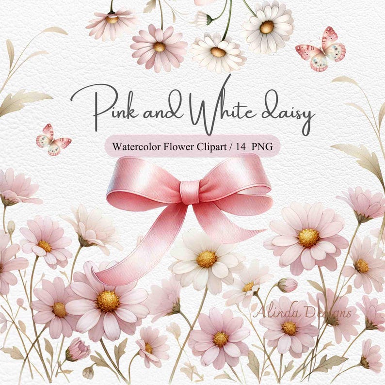 Charming Pink and White Daisy Clipart, Watercolor Floral Designs for Wedding Invites, Baby Shower Decor, and Crafts, Floral Illustrations