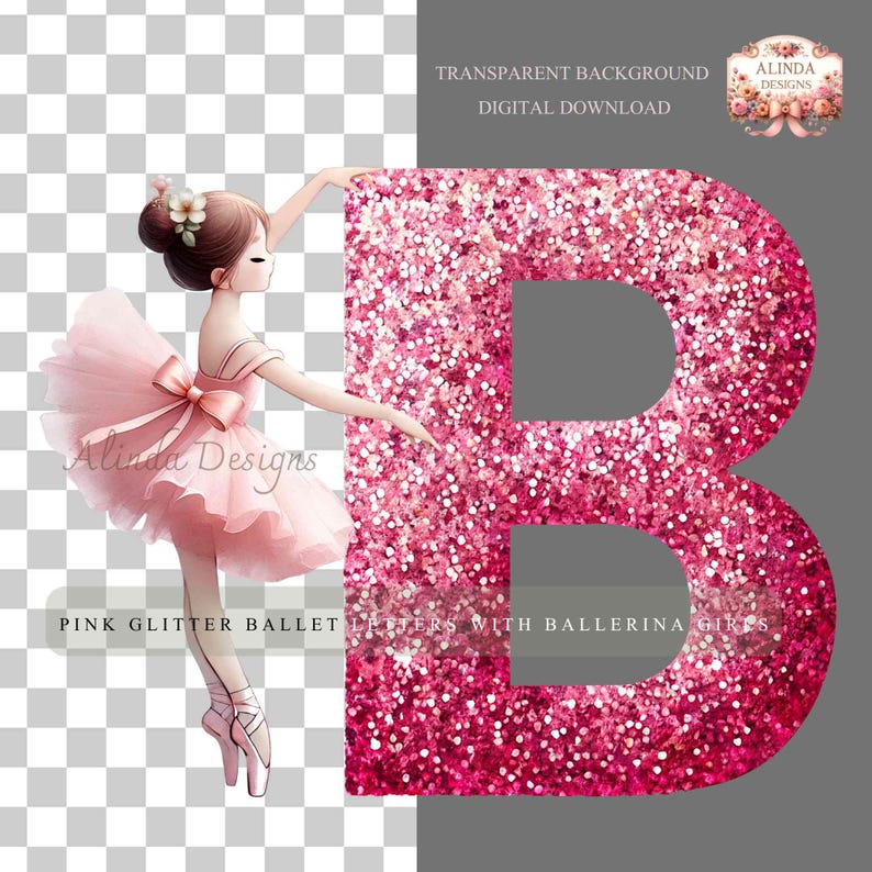 Pink Glitter Ballet Letters With Ballerina Girls, Digital Alphabet ...