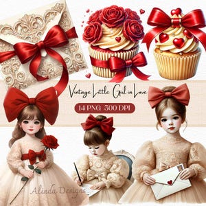 Vintage verliebtes kleines Mädchen Clipart, Nostalgische romantische Illustrationen, Valentinstag, digitaler Download für junk Journals, Kinderzimmer Dekor