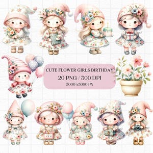 Cute Flower Girls Birthday Clipart, Adorable Kids Party Graphics, Instant Download, Nursery Decor, Scrapbooking, DIY Invitations, Printable