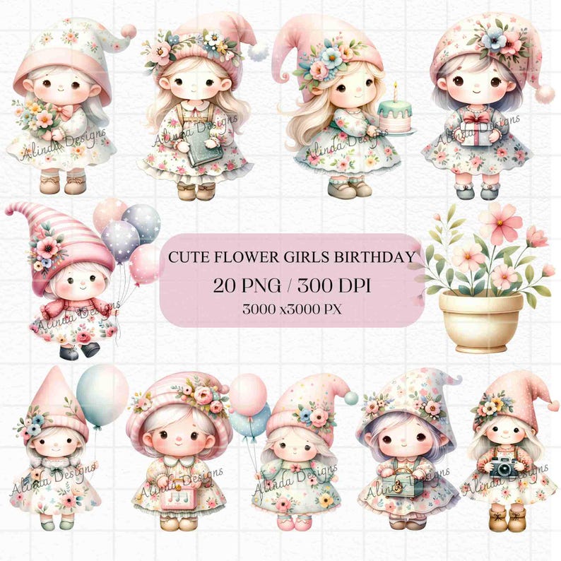 Cute Flower Girls Birthday Clipart, Adorable Kids Party Graphics, Instant Download, Nursery Decor, Scrapbooking, DIY Invitations, Printable