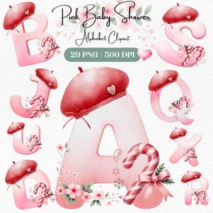 Clipart de alfabeto de chá de bebê rosa, letras fofas com tema de bebê, revelação de gênero, decoração de berçário, convites para meninas, artesanato, scrapbooking, PNG