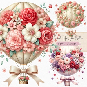 Clipart de balão de ar quente floral, balões de aquarela românticos com flores e laços, 6 PNG para casamentos, convites, decoração de primavera, chá de bebê