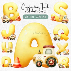Baustellen LKW Alphabet Cliparts, Buchstaben für Kinder unter dem Motto Spaß Bauen, Dekor für das Klassenzimmer, Party-Einladungen, Basteln, Sublimation PNG