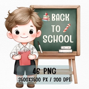 May include: A cartoon illustration of a boy holding a red book in front of a chalkboard with the words "Back to School" written on it. The chalkboard is on a wooden easel.