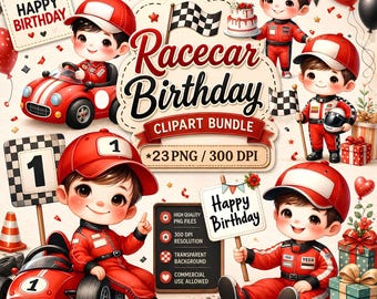 Racecar Birthday Boy Clipart: Party Theme Decorations (PNG)
