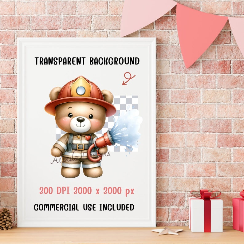 May include: A digital illustration of a brown teddy bear dressed as a firefighter, holding a hose with water spraying out. The bear is wearing a red helmet, a yellow jacket, and black pants. The background is transparent. The image is 3000 x 3000 pixels and 300 DPI. Commercial use is included.