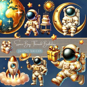 Verjaardagsclipart ruimteastronaut, goud en blauw ruimtethema, 24 png-bestanden voor kinderfeestdecor, uitnodigingen en ambachten, DIY Craft-clipart