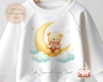 Baby Bear on Moon Clipart: Nursery PNG Digital Download
