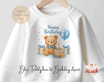Blue Teddy Bear 1st Birthday Clipart: Baby Party PNG (Digital Download)