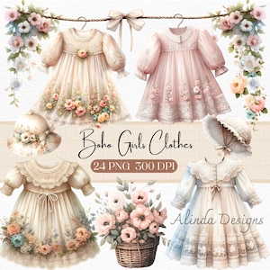 BOHO Mädchen Kleidung Clipart, Aquarell Mode Illustrationen, druckbare Kinder Kleidung, Boho Stil digitale Kunst, Kinderzimmer Dekor, Scrapbook