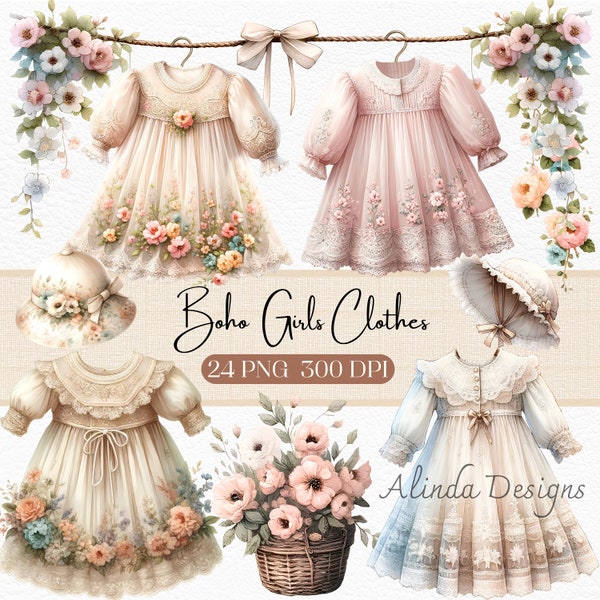 BOHO Girls Clothes Clipart, Watercolor Fashion Illustrations, Printable Kids Clothing, Bohemian Style Digital Art, Nursery Decor, Scrapbook