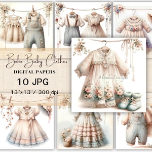 Boho ropa de bebé acuarela clipart JPG, descarga instantánea JPG, arte de decoración de guardería, ilustraciones digitales de moda para niños Boho, ropa de bebé