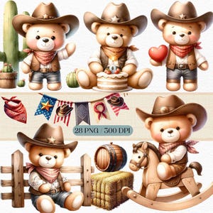 Verjaardag cowboy teddybeer clipart, schattig western verjaardagsfeestje, babyshower clipart, babyjongen, digitale png voor kinderen, instant download png