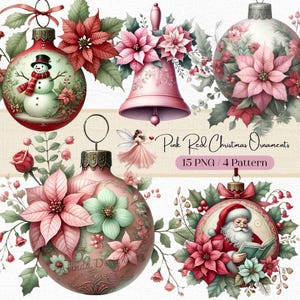 Rosa rote Weihnachtsverzierungen Clipart, festliche Feiertagsdekorationen, digitaler Download, für Junk Journals, Papierhandwerk, Retro Pastell Weihnachten