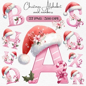 Alfabeto y números navideños en acuarela, conjunto de letras navideñas rosas, fuente navideña en tonos pastel, decoración de guardería, álbumes de recortes y manualidades