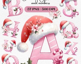 Christmas Watercolor Alphabet Clipart: Pink Holiday Letters (PNG, PDF)