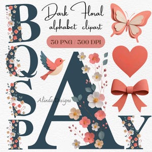 Clipart de alfabeto floral oscuro, letras botánicas modernas, elegante fuente de monograma primaveral, invitaciones de boda, decoración de baby shower, láminas para habitación infantil