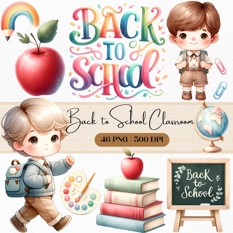 May include: A set of 46 back to school classroom clipart images. The images include a rainbow, an apple, a globe, a chalkboard, a stack of books, a paint palette, a paintbrush, and two children. The text "Back to School Classroom" and "46 PNG / 300 DPI" is also included in the image.