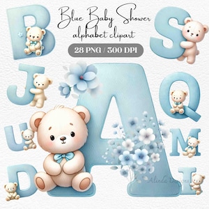 Clipart alfabeto blu baby shower, lettere carine per neonati dalla A alla Z, decorazioni per la cameretta dei bambini, inviti per baby shower, scrapbooking, artigianato, download digitale