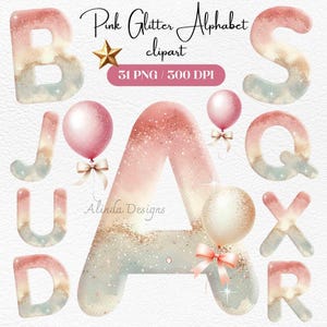 Clipart de alfabeto com glitter rosa, letras brilhantes elegantes PNG, decoração de festa, convites de aniversário, marca feminina, marco do bebê, fonte kawaii