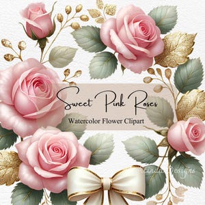 Clipart de acuarela de dulce rosa rosa, elegante diseño floral con detalles dorados, perfecto para bodas, día de San Valentín, manualidades, invitaciones de tarjetas