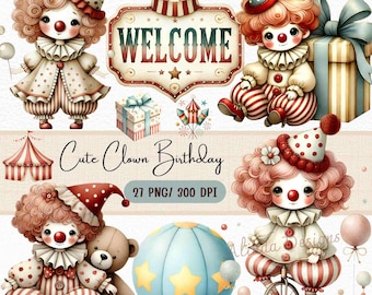Clown Birthday Clipart, Circus Illustrations (Digital Download)