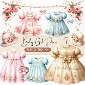 Charmantes Aquarell Baby Mädchen Kleid Clipart, perfekt für Einladungen, Scrapbooking, süßes Kleidchen, Kleidung Baby Clipart, Download PNG