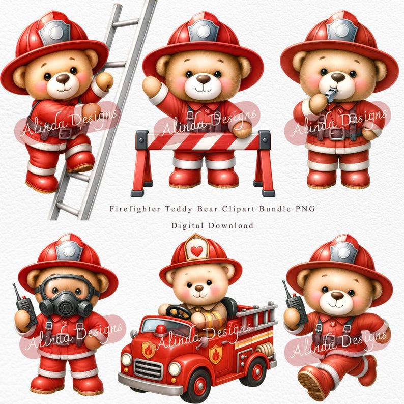 Firefighter Teddy Bear Clipart Bundle PNG, Cute Fireman Bear, Fire Station Clipart, Fire Truck, Kids Firefighter, Baby Boy Birthday, Fire Truck Birthday Party Decorations, Classroom Activities, Sublimation Projects