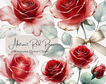 Abstract Red Roses Watercolor Clipart: Gold Accents Digital Download