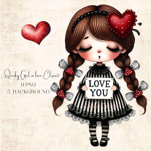 Clipart original fille amoureuse, illustrations romantiques, cartes de Saint-Valentin, clipart Saint-Valentin, journal de bricolage, faire-parts, scrapbooking, travaux manuels