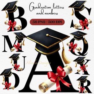 L'obtention du diplôme de l'alphabet lettres & chiffres PNG, chapeau noir diplôme des cliparts, promotion 2024 imprimable, sublimation année secondaire, fête de remise des diplômes
