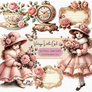 Clipart de niña vintage, ilustraciones nostálgicas, descarga digital para diarios basura, invierno de niña, decoración de guardería, álbumes de recortes, manualidades