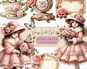 Vintage Little Girl Clipart, Nostalgic Illustrations, Digital Download for junk journals, Girl winter  , Nursery Decor, Scrapbooking, Crafts