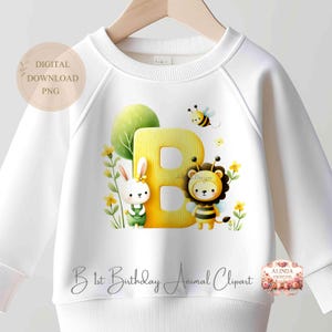 Clipart de animales para el primer cumpleaños, letra B PNG con conejito y abeja, diseño de mono de primer cumpleaños en el bosque, fiesta en el bosque, regalos para baby shower