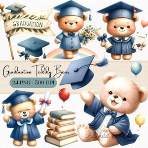 Clipart d'ours en peluche de remise des diplômes, ours numériques mignons dans des casquettes et des robes, parfait pour des invitations et des cadeaux, école maternelle, étudiants, diplôme